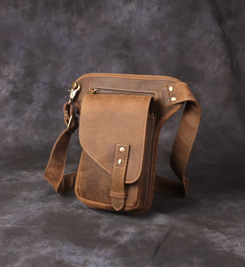 Vintage Genuine Crazy Horse Leather Waist Bag for Men Cowhide Motorcycle Crossbody Leg Saddlebags & Luggage