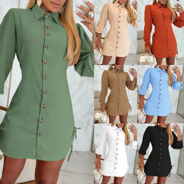 1125 office button shirt dress casual weekend ladies women's loose clothing fabrics youth short pastel colour summer boho new