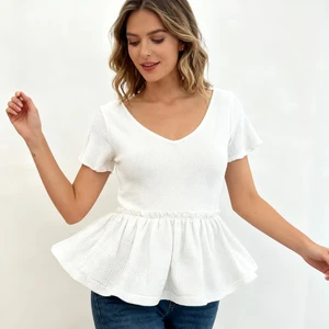 Women's V-Neck Waffle Knit Peplum Top - Short Sleeve Ruffle Hem Slim Fit White Casual Blouse for Women