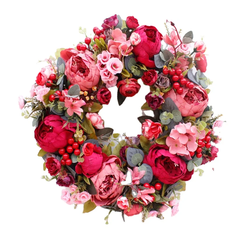 40cm 红色牡丹花环墙壁门后挂花环饰品结婚墙贴画前门挂摆饰