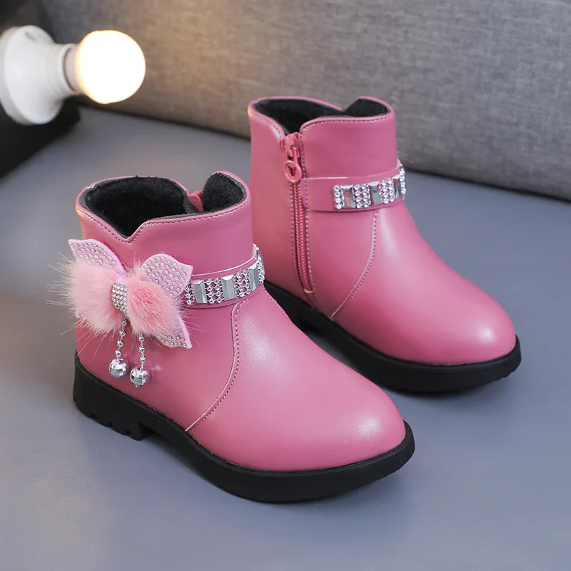 Winter Kids Designer Child Non-Slip Girls Kids Winter Boots Bow Soft Sole Thickened Thermal Pu Leather Kids Boots Girls