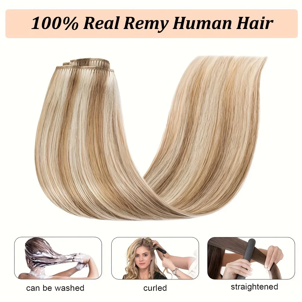 Lot de 8 extensions de cheveux humains Remy doubles raides, brun clair, mélange de blond, tête complète, épaisses, douces et raides_voghion.com