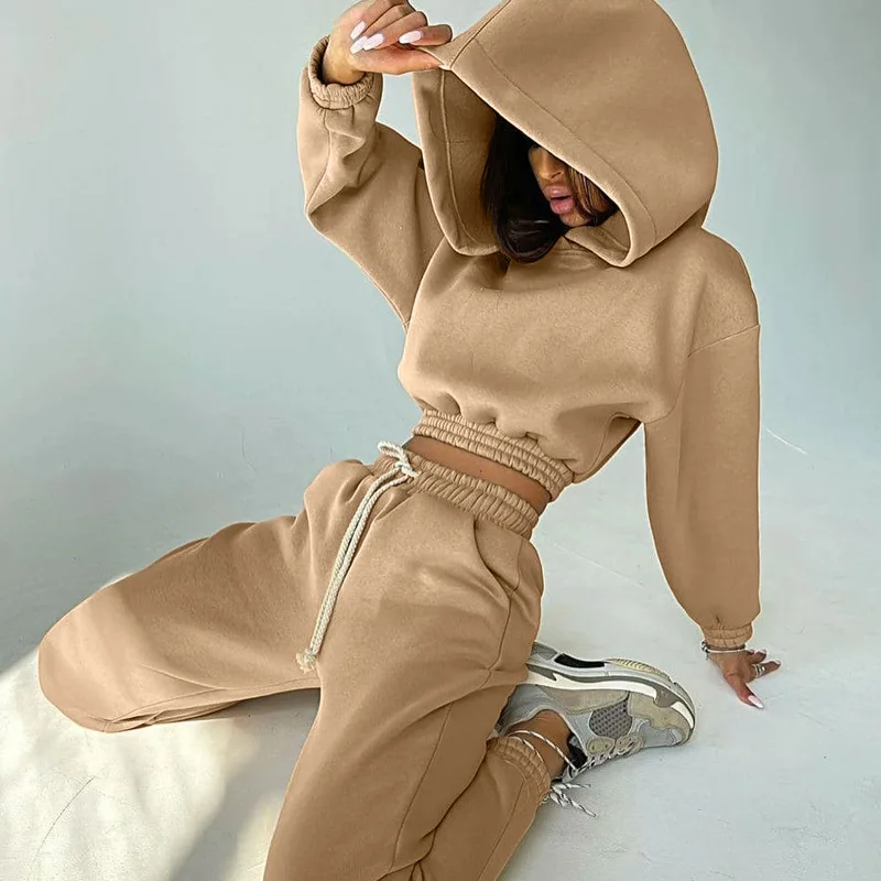 2023 Fall Clothes Long Sleeve short style Hoodie With Jogger Woman Fleece Thick Cotton Sweatsuit Set For Woman