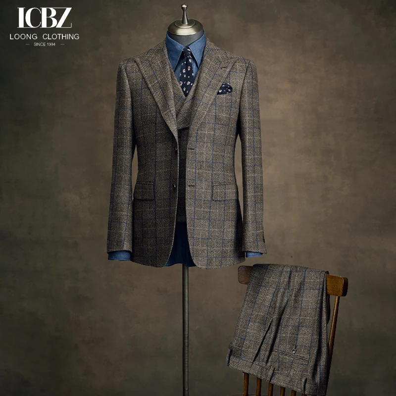 Vintage Men Suits 3 Pieces Brown Plaid Wool Suit Men's Single Breasted Groom Wedding Dress Formal Men's British Business Suit