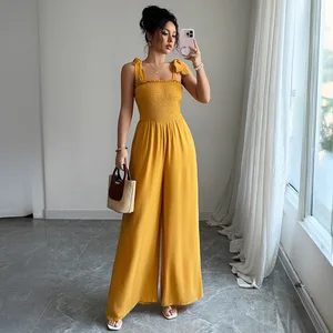 Strap High Waisted Wide Leg Jumpsuit Shirring Elastic Fashion Women's Jumpsuits Rompers