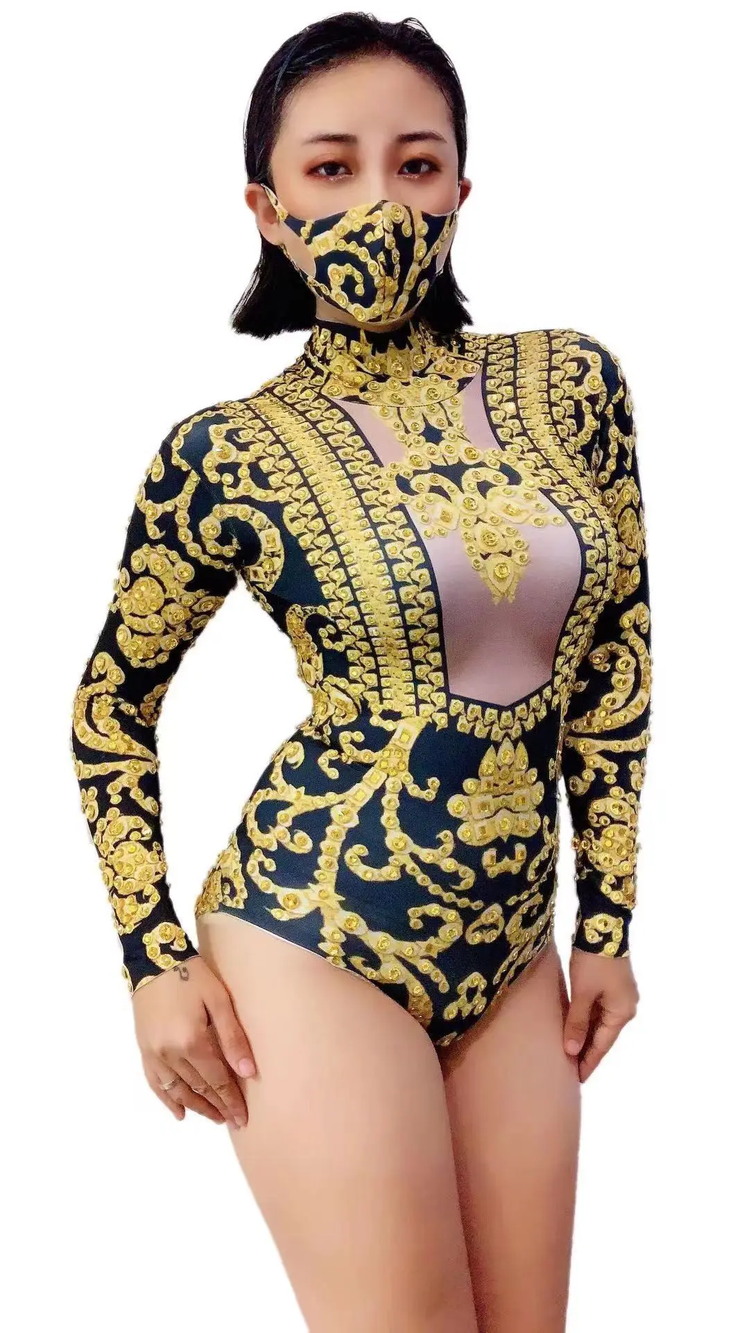 Gold Crystal Jumpsuit Bodysuit With Facemask For Ballroom Performance & Stage Dance Wear Odm