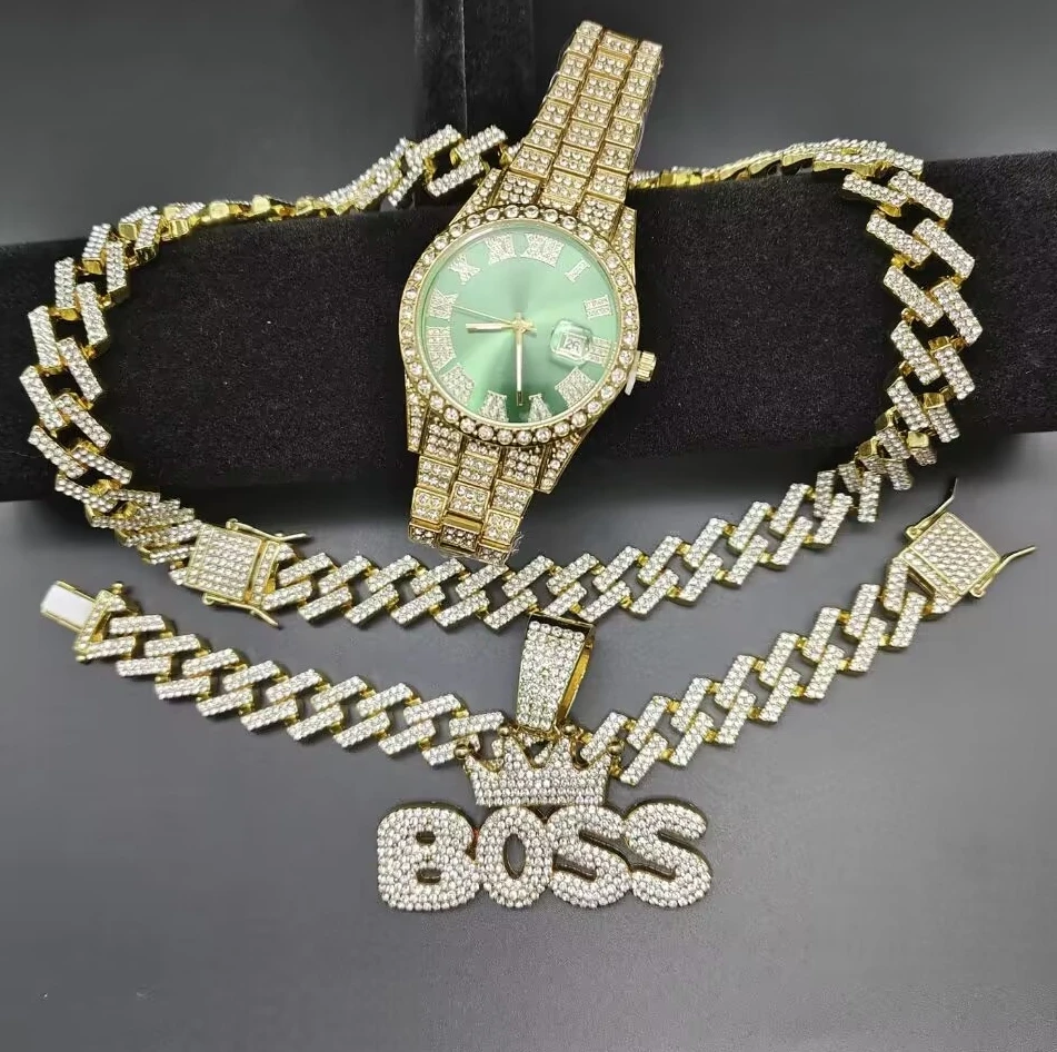3PC Hip Hop Luxury Watch Necklace Bracelet Set for Men & Women