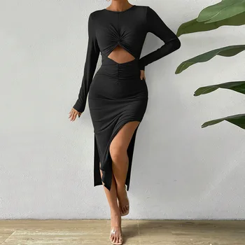 European American women's clothing 2024 autumn winter new sexy cut-out slit bag hips party dress