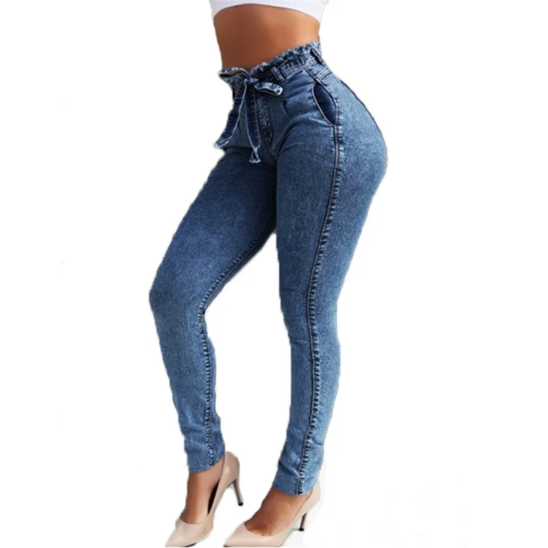 High Waist Jeans For Women Slim Stretch Denim Jean Bodycon Tassel Belt ...