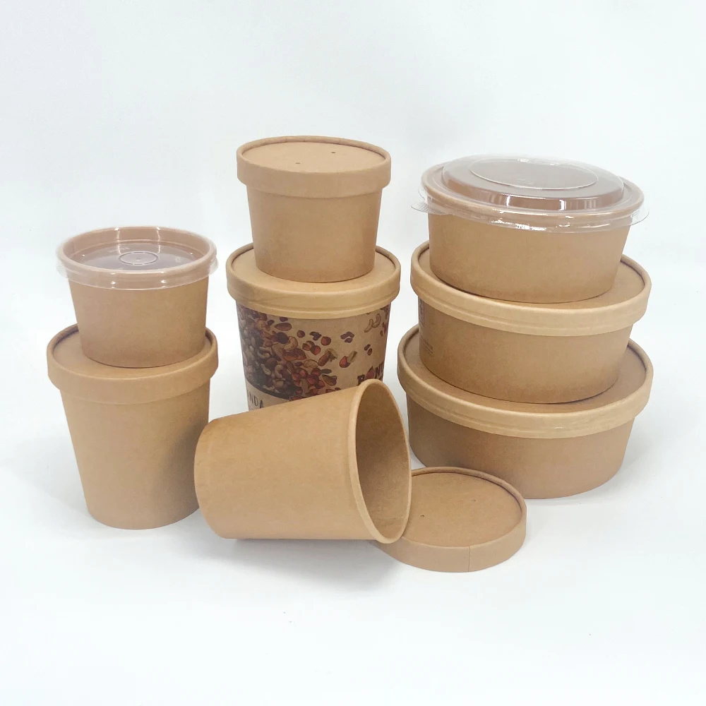 Dayu Custom Eco-friendly 1000ml Single Wall Disposable Brown Kraft Paper Soup Stews Containers Salad Packaging Paper Bowl