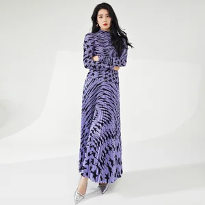Miyake Women's Casual Summer Set Elegant Elastic Printed Top With Turtleneck A-Line Skirt Two-Piece Set Polyester Fabric
