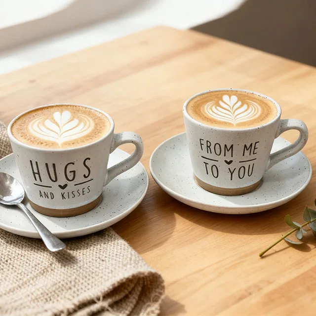 Stoneware Color Glazed Embossed Logo Minimalist Dishwasher & Microwave Safe Coffee Cup and Saucer Set for Home Gift