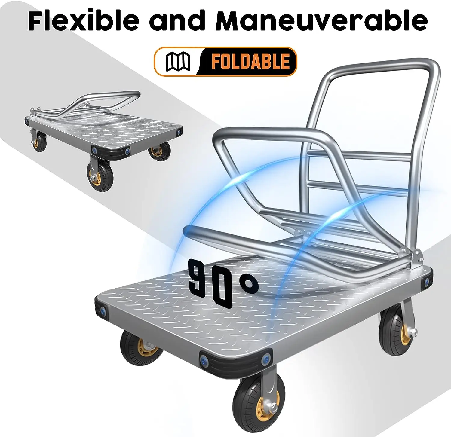 Easy Storage Heavy Duty Platform Truck Flat Moving Cart Hand Trucks 360 Degree Swivel Wheels Steel Push Cart Dolly