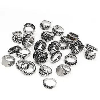 Factory Wholesale Chrom Rings New Retro Style Hip Hop Punk Stainless Steel Personality Collection Heart Jewelry for Men