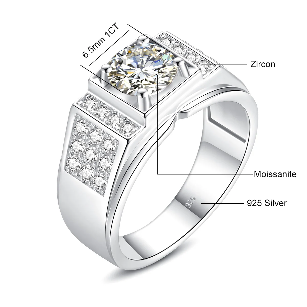 1pc Luxury Cubic Zirconia Sterling Silver Ring For Men For