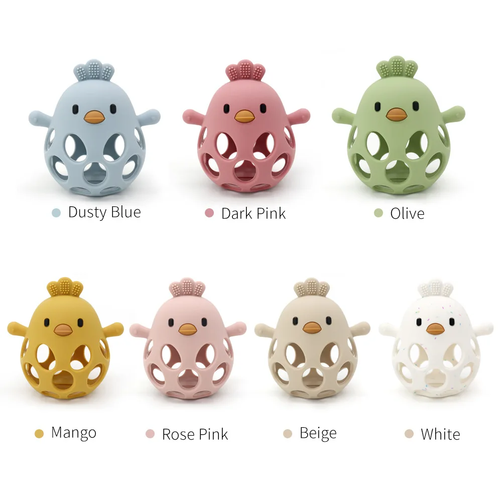 Factory Custom BPA-Free Silicone Cartoon Chicken Chew Toy Unisex Soft Wood Teether Sensory Teething Toys for Newborn Babies