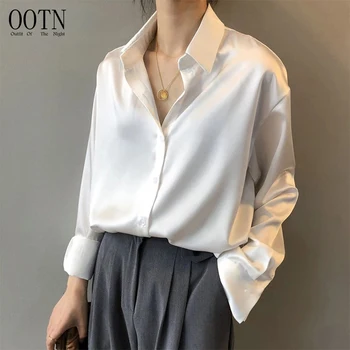 OOTN Women White Lady Long Sleeves Female Loose Street Shirts Vintage Blouse Autumn Fashion Button Up Satin Silk Shirt