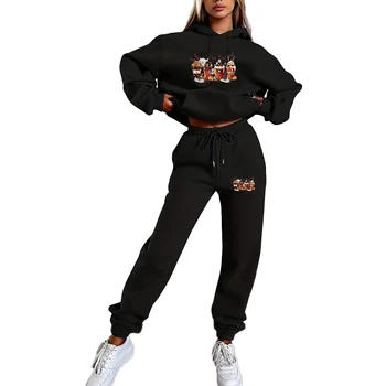 Halloween cartoon print 2-piece set, ladies Fall/winter comfort hoodie and casual sweatpants set comfortable for women