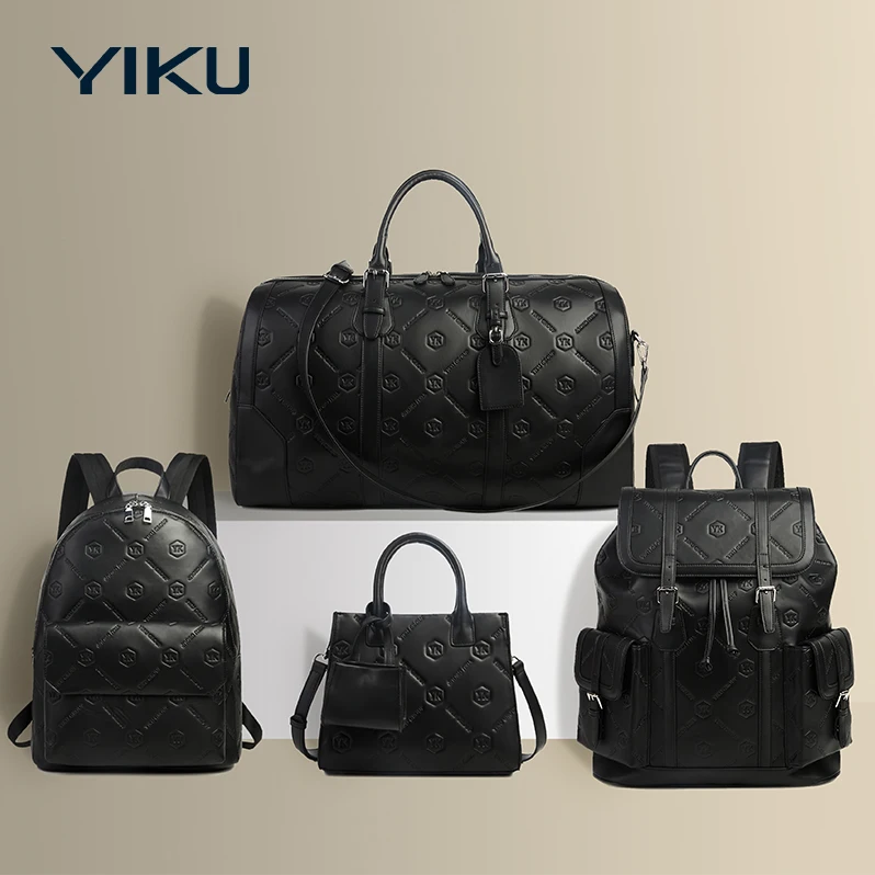 YIKU Manufacturer Customization Full Emboss Logo Men Black  PU  Leather Duffel Overnight Traveling Duffel Bag