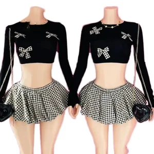 Viviblook F24ST322 New Outfit Bow Crop Shirt and Shorts Bubble Skirt 2 Piece Set Y2K Cute Two Piece Set Bubble Skirt for Women