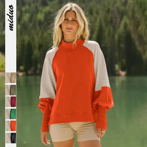 Contrast Color Rib Sleeve Hoodies Stand Neck Women's Hoodies Sweatshirt Loose Casual Pullover Tops