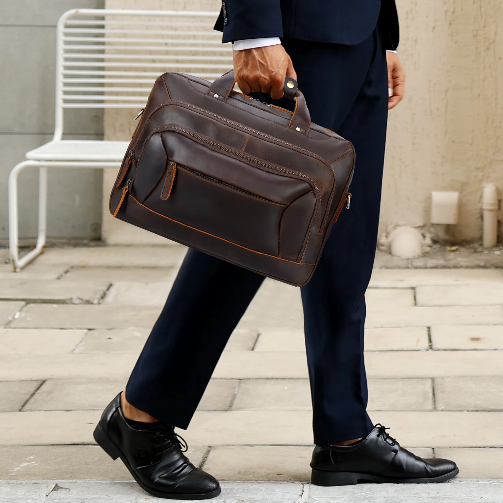 Top Grain Real Crazy Horse Leather 17 Inch Laptop Briefcase Messenger Men Genuine Leather Computer Laptop Briefcases