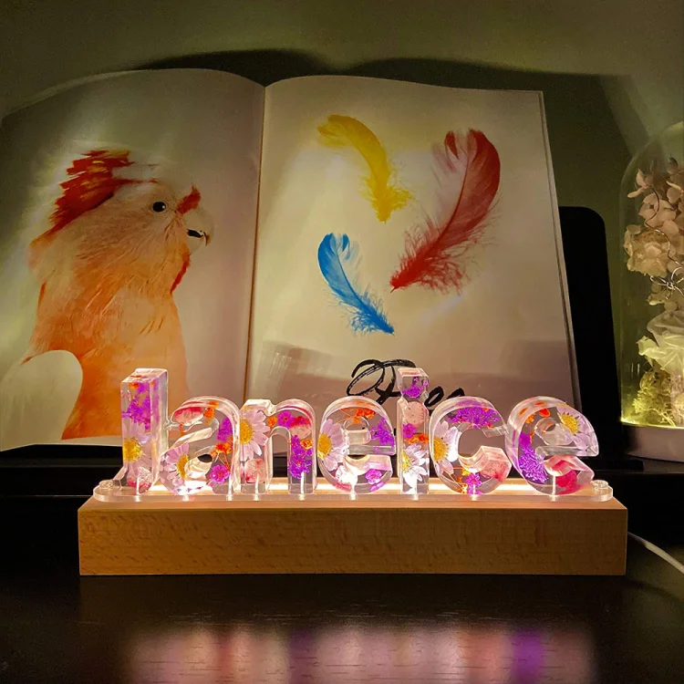 Dried Floral Resin Letters With Wood Led Decorative Night Lights Home