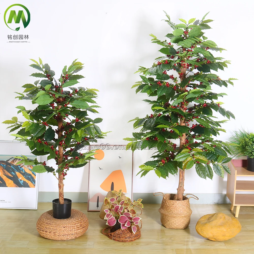 Newest Artificial Coffee Tree Bonsai Natural Faux Coffee Plant Potted High  Simulation Coffee Fruit Ornamental Greenery