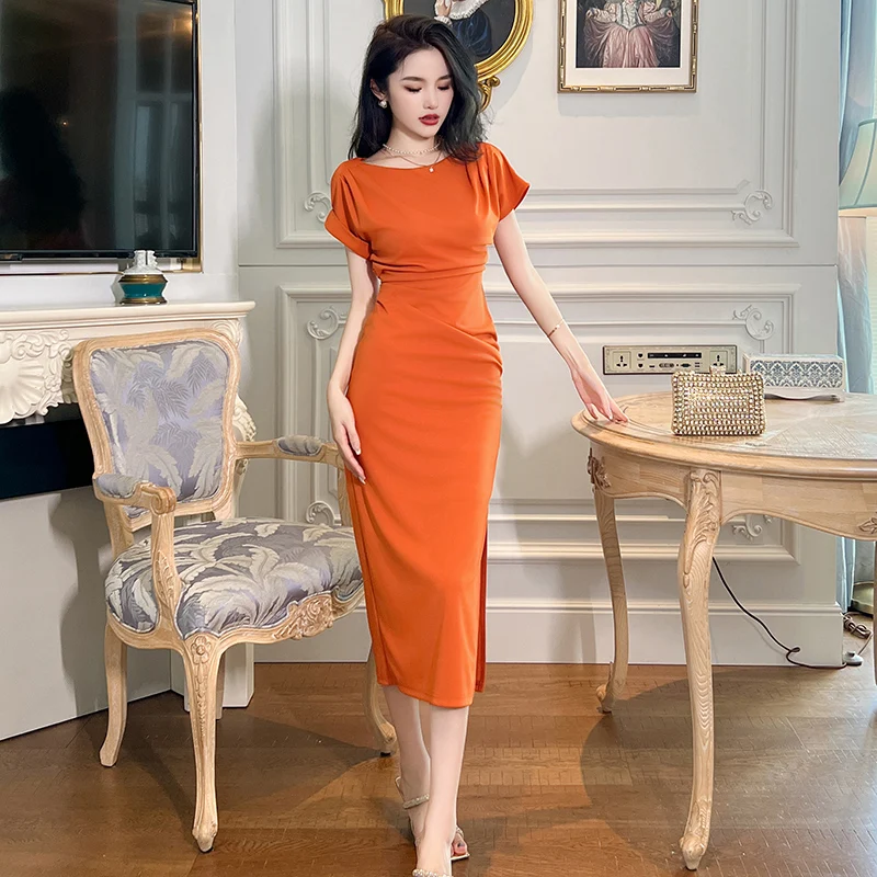 ZYHT 30526 Formal Elegant Short Sleeve Waist Ruched Knit Basic Dress  Comfortable Round Neck Side Slit Body Fit Dress for Women - Main Image