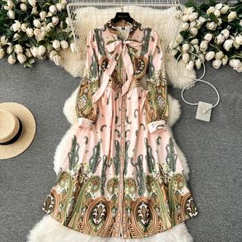 ZT1244 European court style dress female sweet bow collar breasted mid-length printed dress