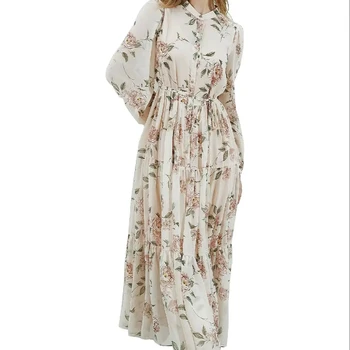 Autumn atmosphere floral holiday loose long sleeves flowing waist dress