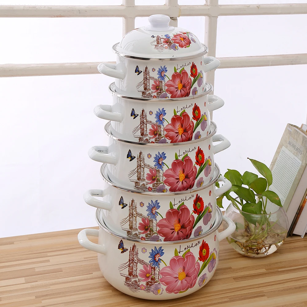 High Quality Double Handle Enamel Cast Iron Casserole with Flower Turkish Cookware Set