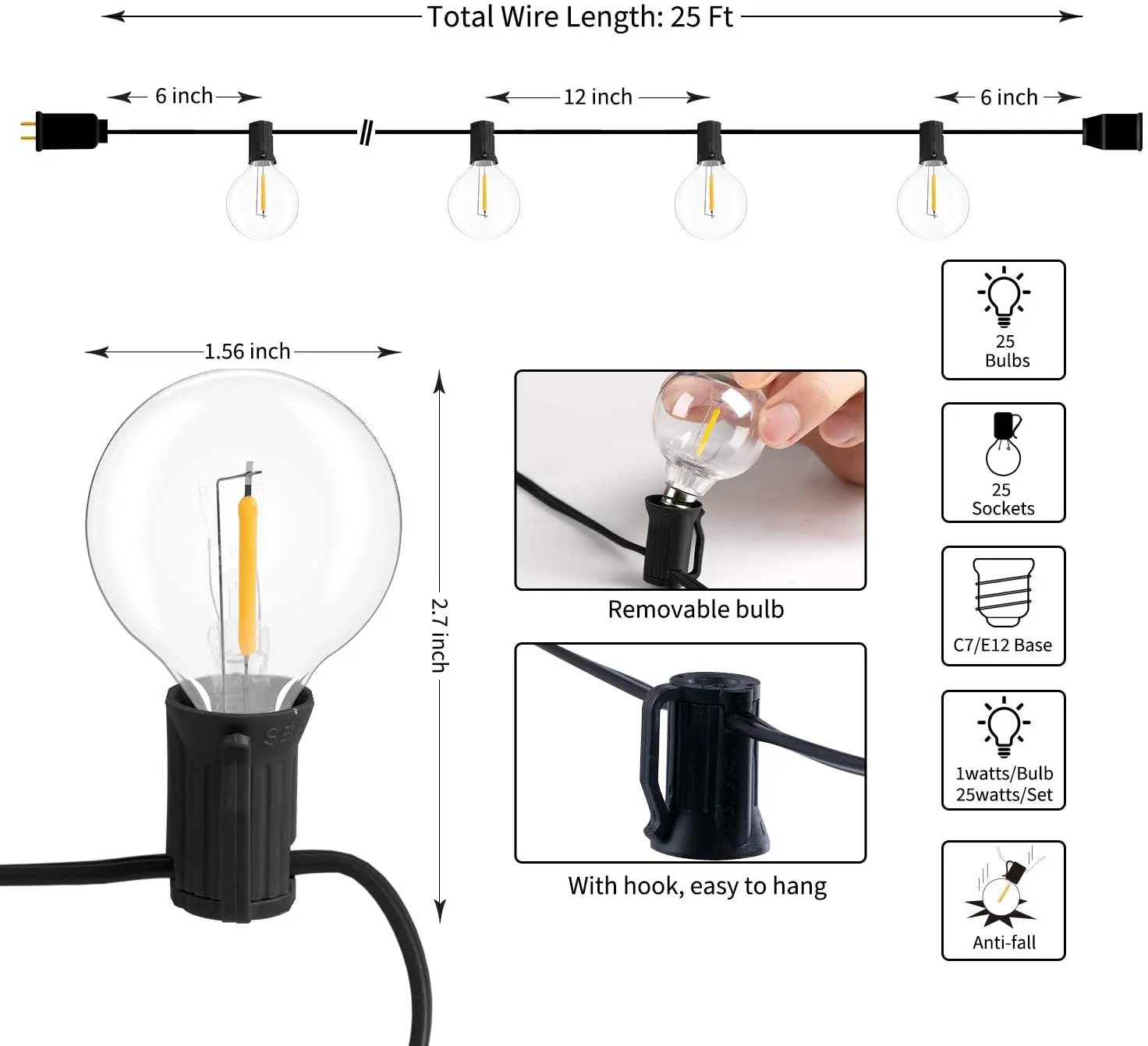 100ft G40 String Lights 100 Edison Style Globe Bulbs Black Wire ...
