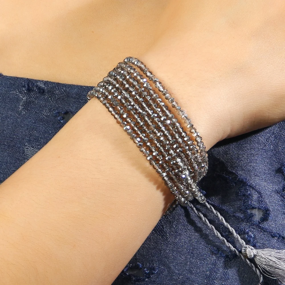 Women 4mm Black Transparent Grey Crystal Glass Beads Bracelet