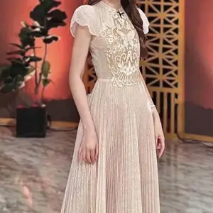 New Party Women Casual Formal Dress Fashion Lace Pleated Long Dress Short Sleeve Elegant Summer Dress for Woman