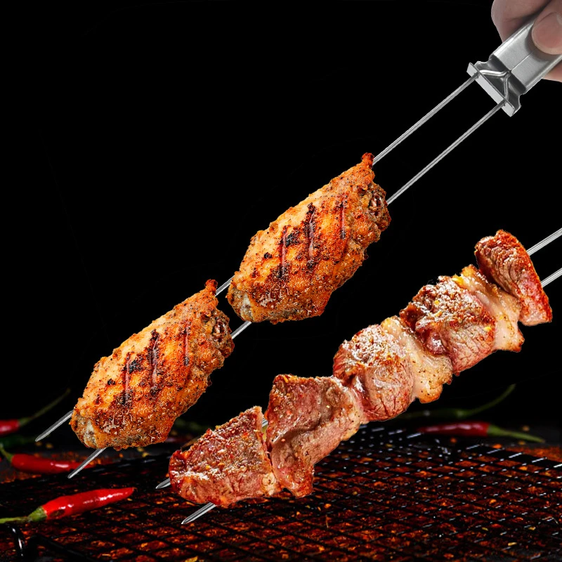 Hot Sale Reusable 13 inch Metal Skewers BBQ Shish Kabob Sticks Stainless Steel Grilling Skewers with Slider