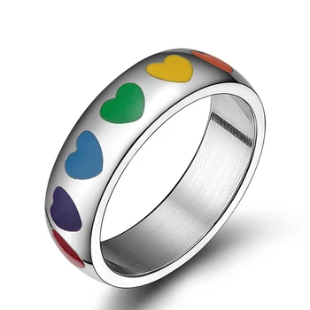 Newest 316L Stainless Steel Jewelry Wedding Bands Gay Lesbian Pride jewellery Resin heart rainbow ring