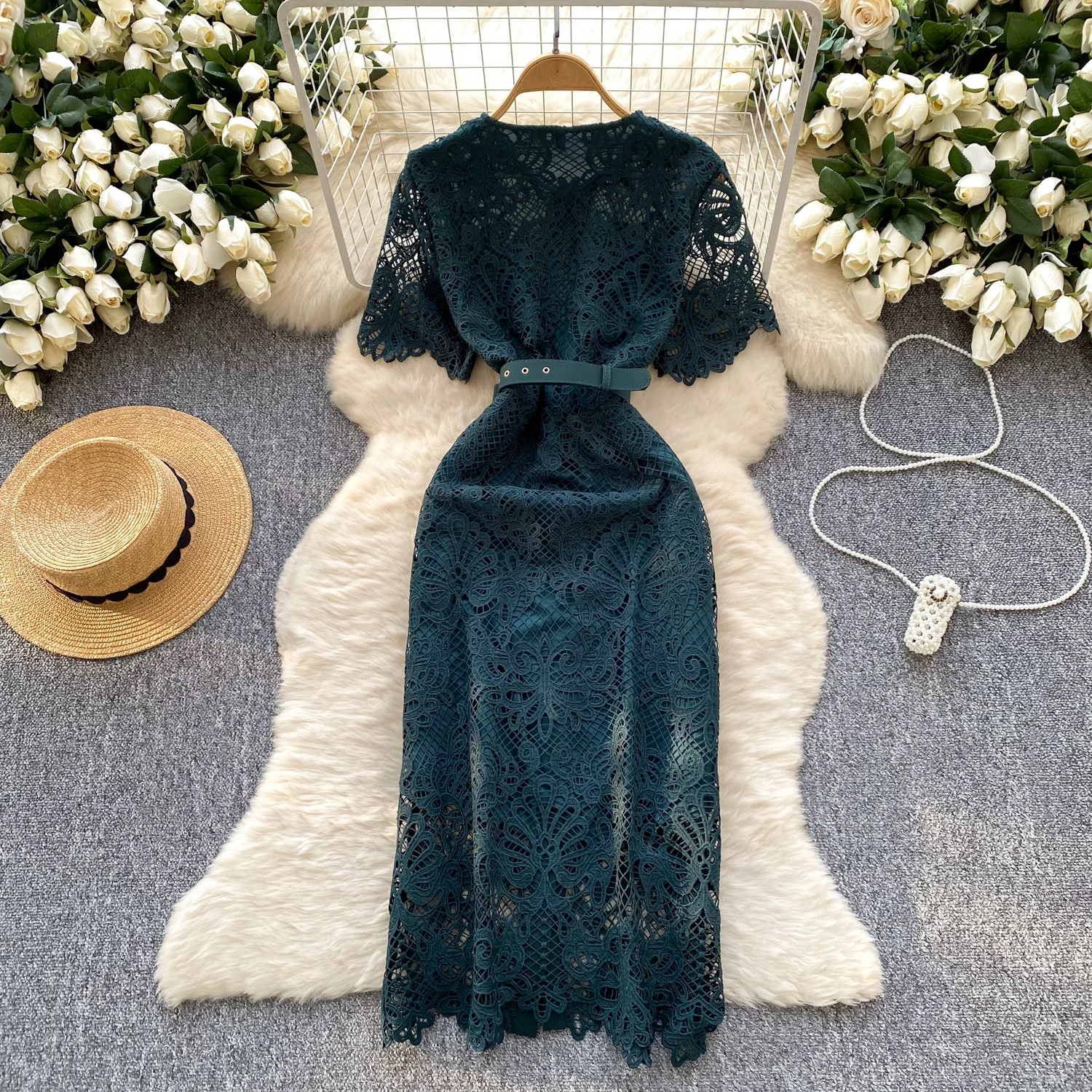 Summer Elegant O-Neck Slim Casual Midi Dress For Women Empire Hollow Out Lace  Dress| Alibaba.com