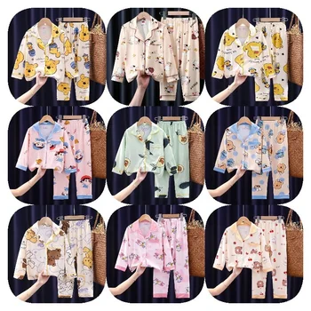 Children's Casual Wear Spring And Summer Cartoon Silk Short-sleeved Animals And Plants Children's Pajamas Set For Boys And Girls