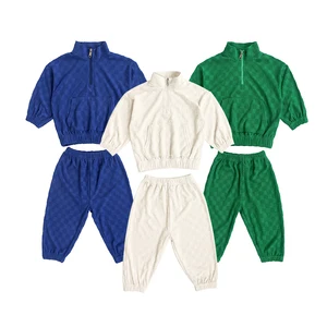 Stretchy Spandex & Polyester Toddler Boys' Checkered Half-Zip Mock Neck Two-Piece Set for Spring Fall Daily