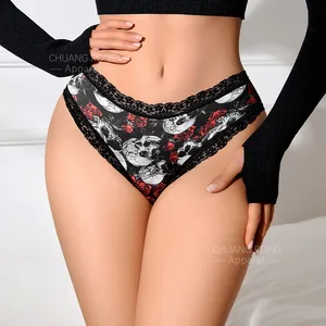 Custom Halloween Sexy Women's Low-Rise Thin Solid Knitted Lace Anti-Bacterial Strap Thong Panties with Waist Logo