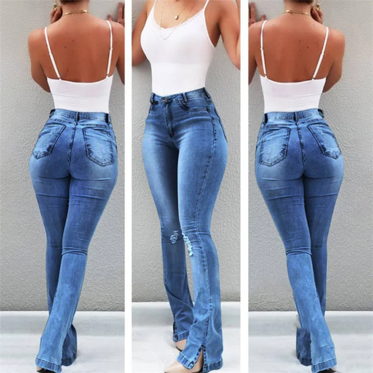 Ladies High Waist Wide Leg Raw Denim Trousers Pants Sexy Slim Skinny Fit Baggy Women's Jeans with Ripped Look
