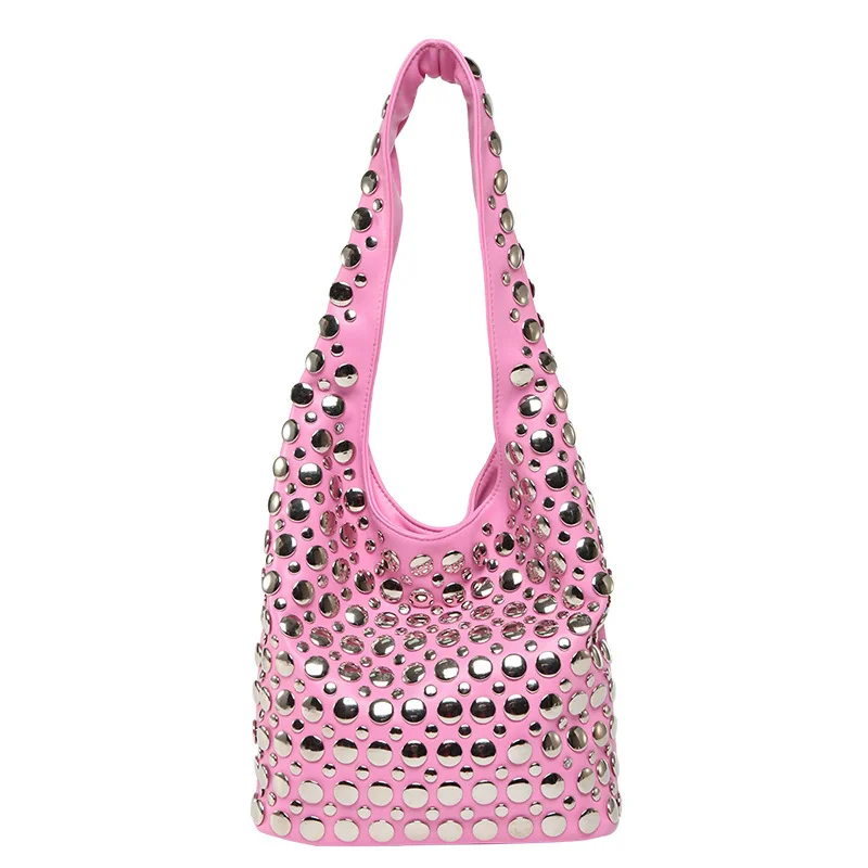 Trendy Vintage Studded Rivet Purses Punk Shoulder Bag for Women Vegan Leather Bucket Designer Underarm Bags