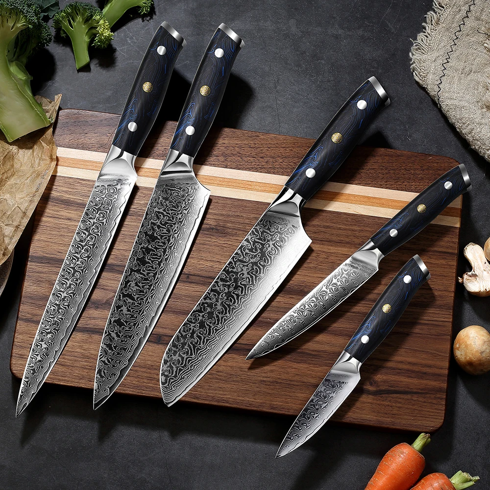 Japanese 5 PC Damascus Kitchen Knife Set with Full Tang Carbon Fiber Handle  – SEIKO KNIVES