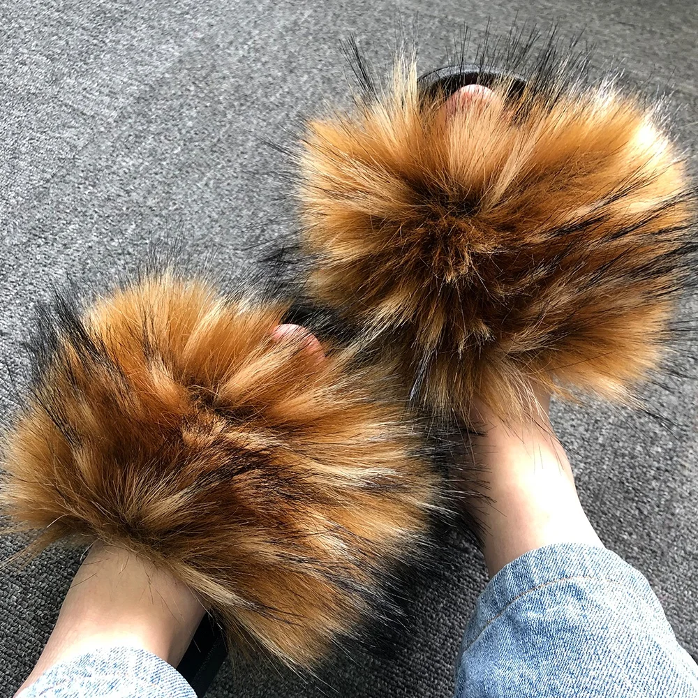 Прямая поставка, пляжная обувь, дешевые сандалии из меха енота, искусственного лисьего меха, женские шлепанцы, сланцы из искусственного меха