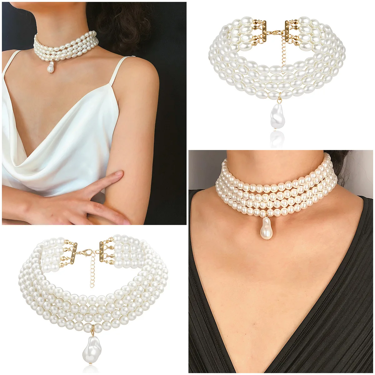 Collana Di Perle Multistrato Donna – Corta 35 Cm + 8,5 Cm – Imitazione Perle Stile Retrò