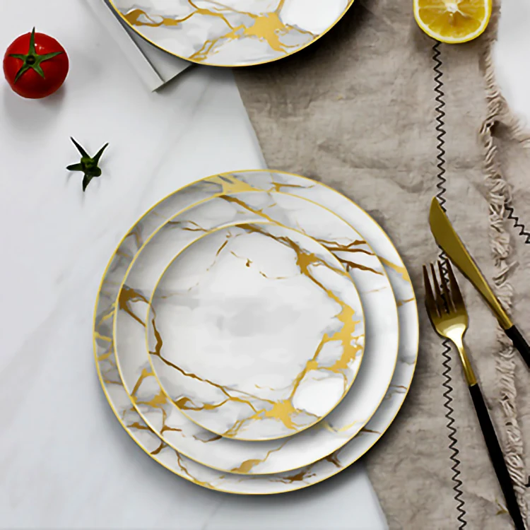 Wholesale restaurant marble pattern dinner grey tableware set dishes gold rim serving charger platter ceramic wedding plates