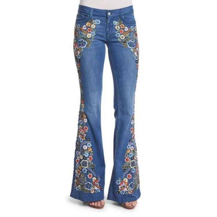 XS to 4XL Women's Jeans Embroidery Patches Slim Show Slim Washed Ladies Pants Womens Trousers Flared Pants Jeans
