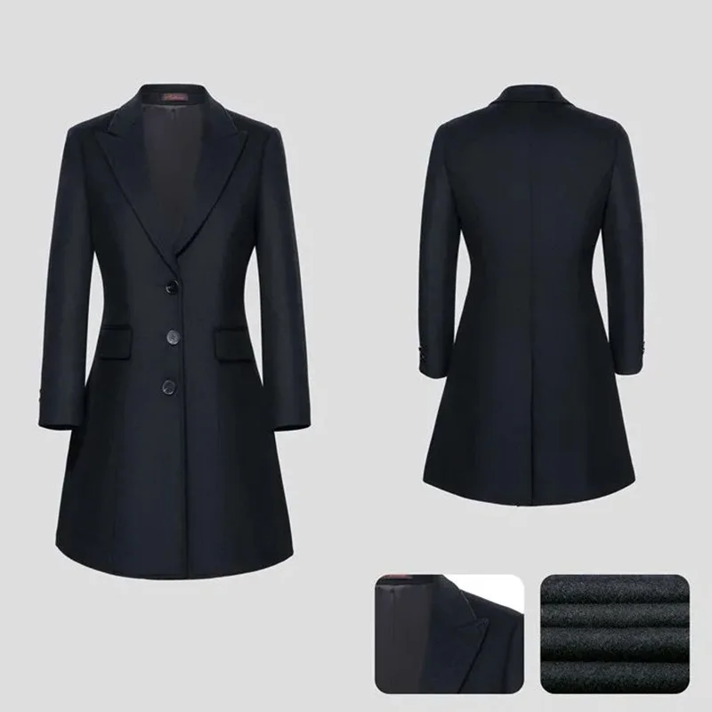 Fashion Winter Warm Long Hip Lapel Collar Single-Breasted 50% Wool 50% Polyester Black Women's Formal Business Suit Coat manufacture