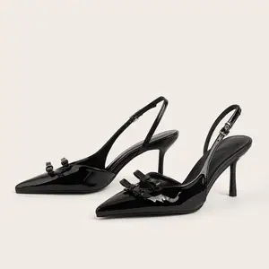 BUSY GIRL CXX186 Women's Black Patent Leather Pointed Toe Slingback High Heel Shoes with Bow for Party and Formal Office
